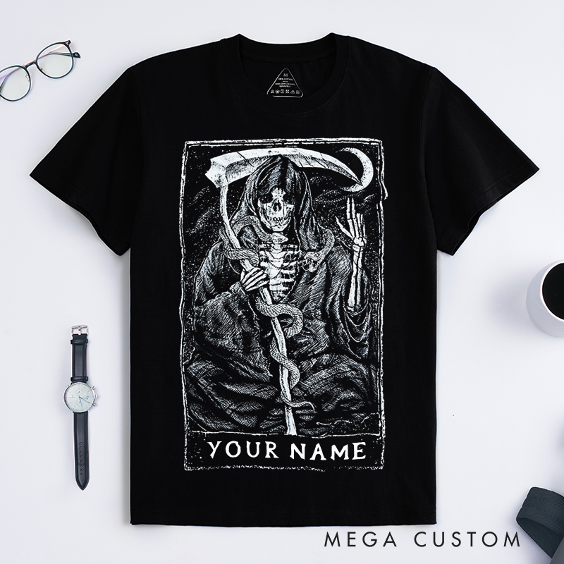 Personalized Tarot Lovers Classic T-Shirts Grim Reaper Skeleton Art Classic T-Shirts Unique Gothic Death Tarot Card Design Gift