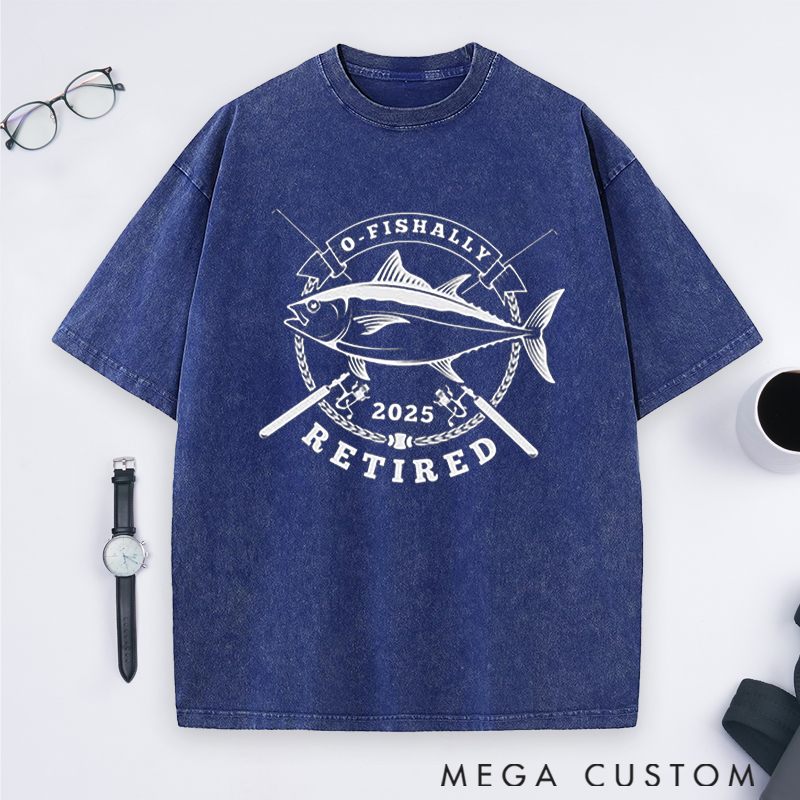 Personalized Fishing O-Fishally Retired Washed T-Shirt Great Retirement Gift for Fishing Lover Dad Grandpa