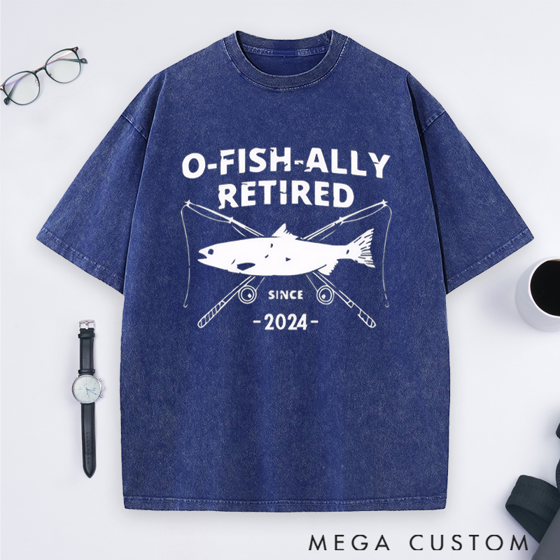 Personalized O-Fish-Ally Retired Washed T-Shirt Fun Retirement Gift for Fishing Lovers