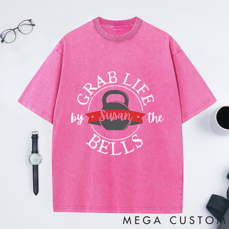 Personalized Kettlebell Washed T-Shirts with Motivational Grab Life by the Bells Design for Fitness Enthusiasts Bodybuilders and Gym Lovers
