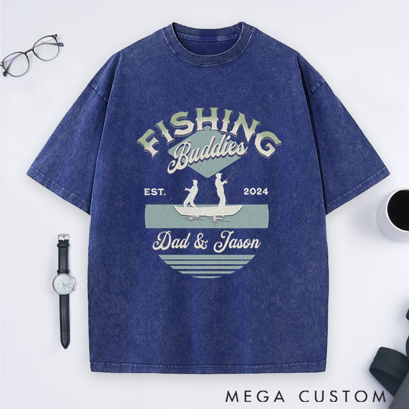 Personalized Fishing Buddies Washed T-Shirt with Father and Child Silhouette for Fishing Enthusiast