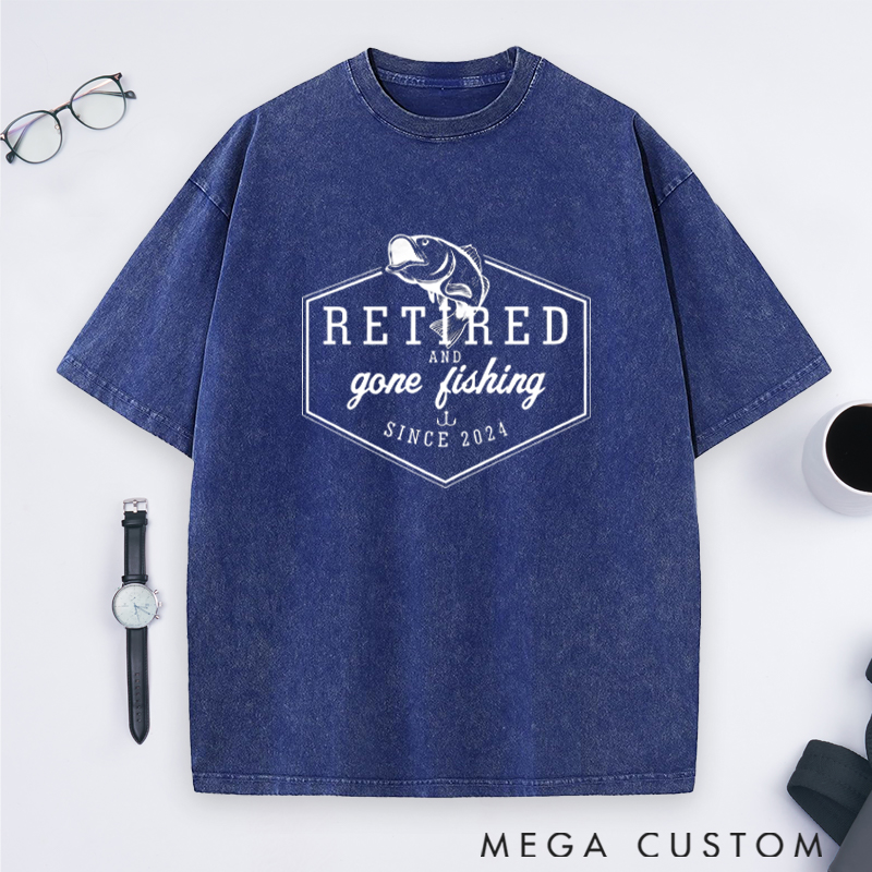 Personalized Retired and Gone Fishing Washed T-Shirt Retirement Gift for Fishing Outdoors Lover