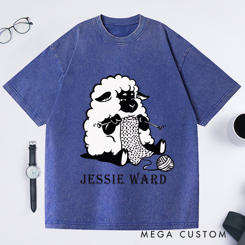 Personalized Sheep Graphic Washed T-Shirts Funny Crochet Shirts Knitting Gifts Crafter Vneck Shirts Cute Crocheting Clothing