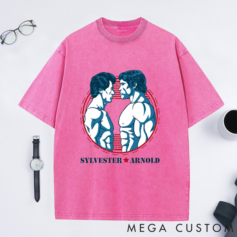 Personalized Bodybuilders Washed T-Shirts with Retro Fitness Icons Face Off for Fitness Enthusiasts Bodybuilders and Gym Lovers