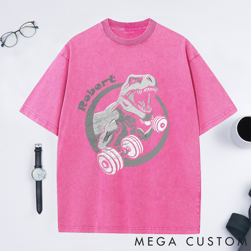 Personalized Gym Washed T-Shirts with Fierce T Rex Lifting Dumbbells Design for Fitness Enthusiasts Bodybuilders and Gym Lovers