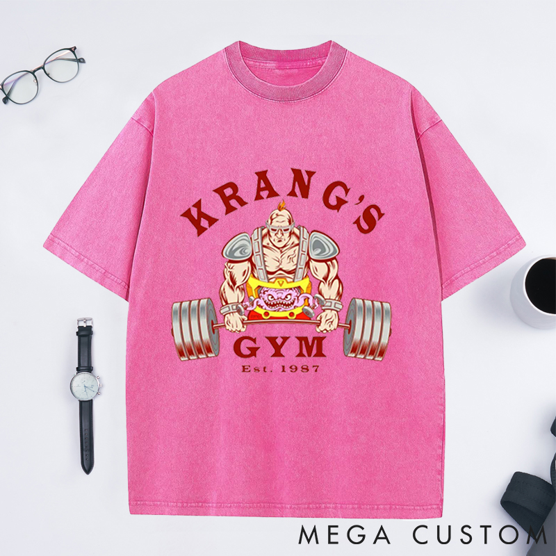 Personalized Gym Washed T-Shirts with Bold Alien Bodybuilder Lifting Design for Fitness Enthusiasts Bodybuilders and Gym Lovers