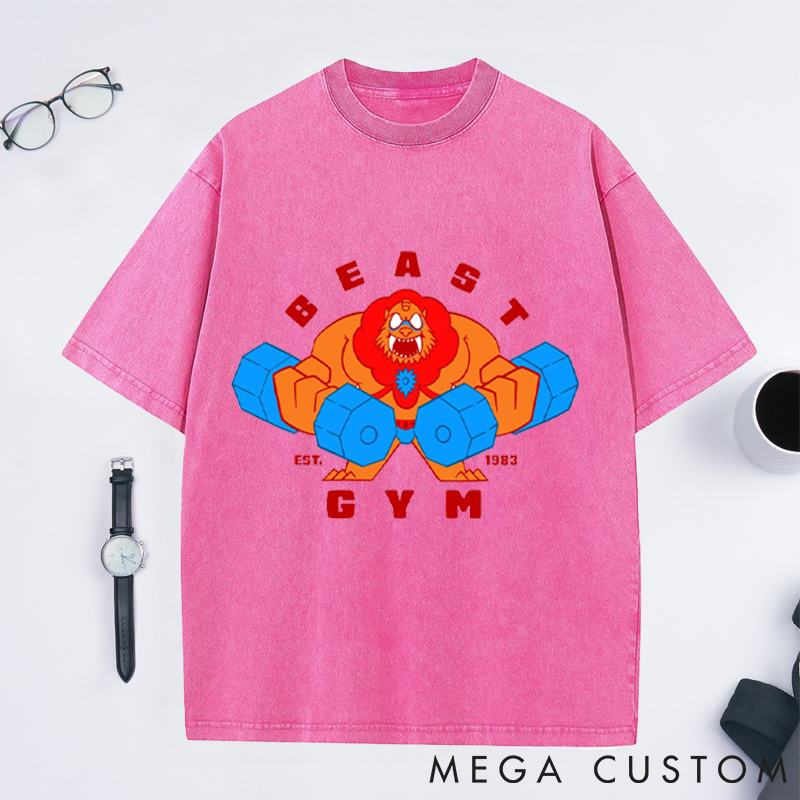 Personalized Beast Gym Washed T-Shirts with Fierce Lion Lifting Dumbbells Design for Fitness Enthusiasts Bodybuilders and Gym Lovers