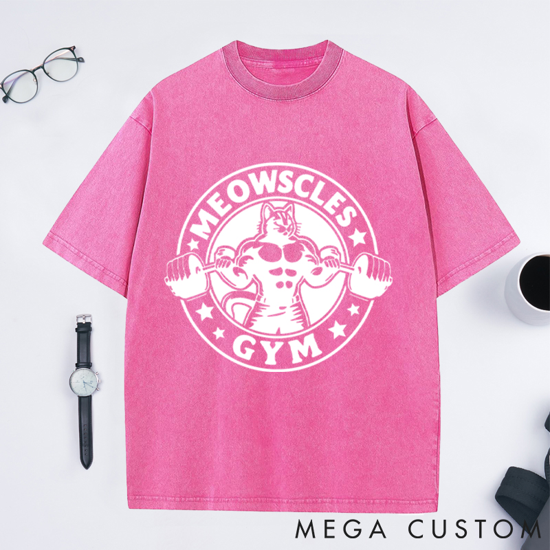 Personalized Gym Washed T-Shirts with Buff Cat Lifting Dumbbells Design for Fitness Enthusiasts Bodybuilders and Gym Lovers