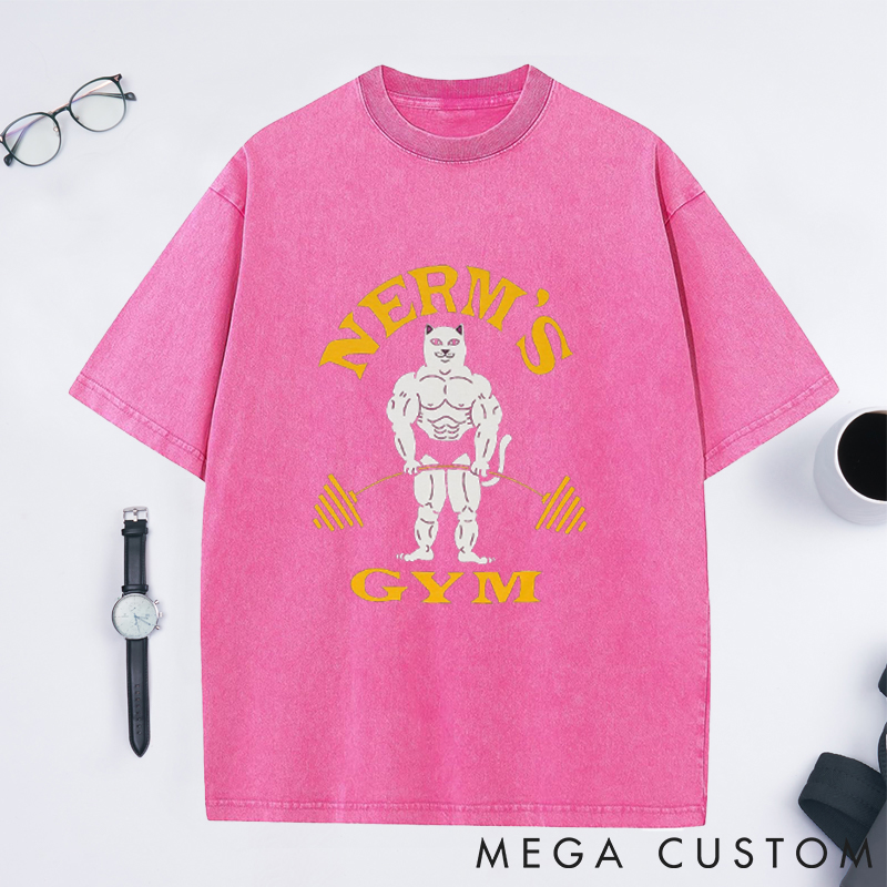 Personalized Barbell Design Washed T-Shirts with Muscular Cartoon Character for Fitness Enthusiasts Bodybuilders and Gym Lovers