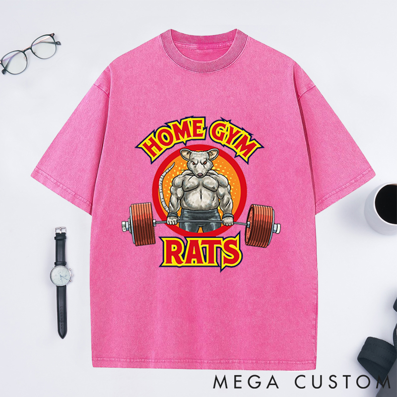 Personalized Gym Washed T-Shirts with Muscular Rat Lifting Barbell Design for Fitness Enthusiasts Bodybuilders and Gym Lovers