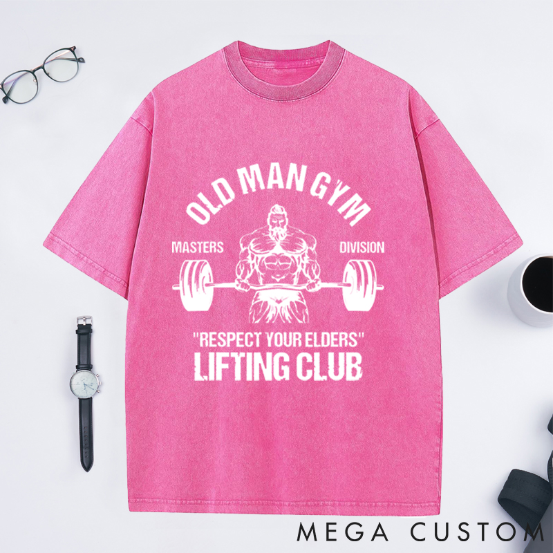 Personalized Old Man Gym Washed T-Shirts with Masters Lifting Club Design for Fitness Enthusiasts Bodybuilders and Gym Lovers