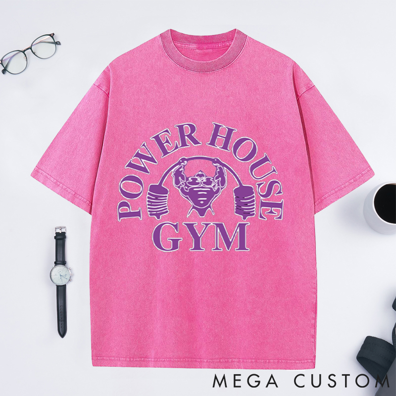 Personalized Power House Gym Washed T-Shirts with Bold Purple Bodybuilder Design for Fitness Enthusiasts Bodybuilders and Gym Lovers