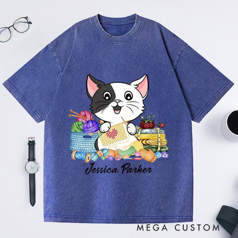 Personalized I Love Knitting And Cat Washed T-Shirts Knit Gift Knitting Gift Knitter Gift Love To Knit Love Knitting Knit Lover