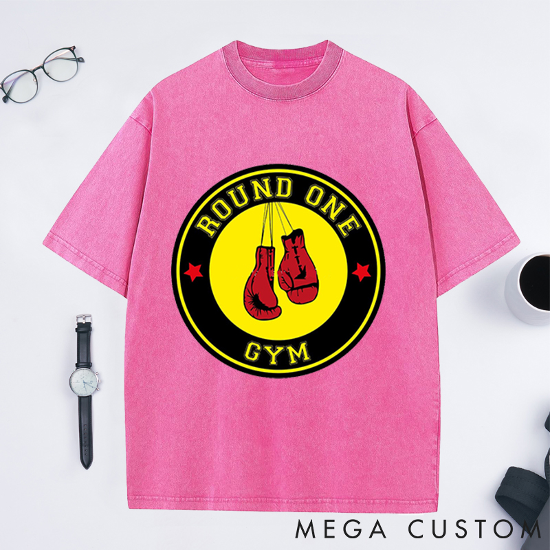 Personalized Round One Gym Washed T-Shirts with Classic Boxing Gloves Design for Fitness Enthusiasts Bodybuilders and Gym Lovers