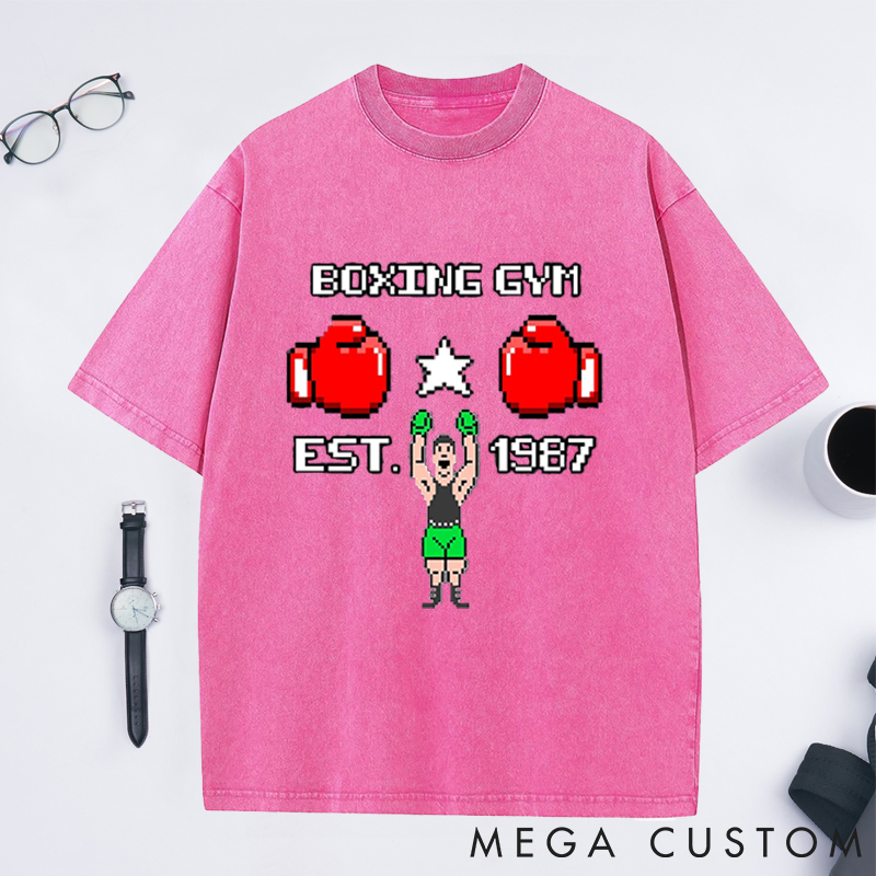 Personalized Boxing Gym Washed T-Shirts with Retro Pixelated Gloves and Champion Design for Fitness Enthusiasts Bodybuilders and Gym Lovers