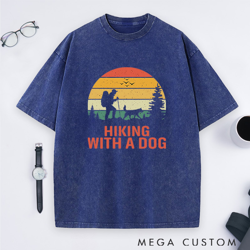 Personalized Hiking With A Dog Washed T-Shirts Mountain Adventures Shirts Gift for Hiking Traveling Camping Lover