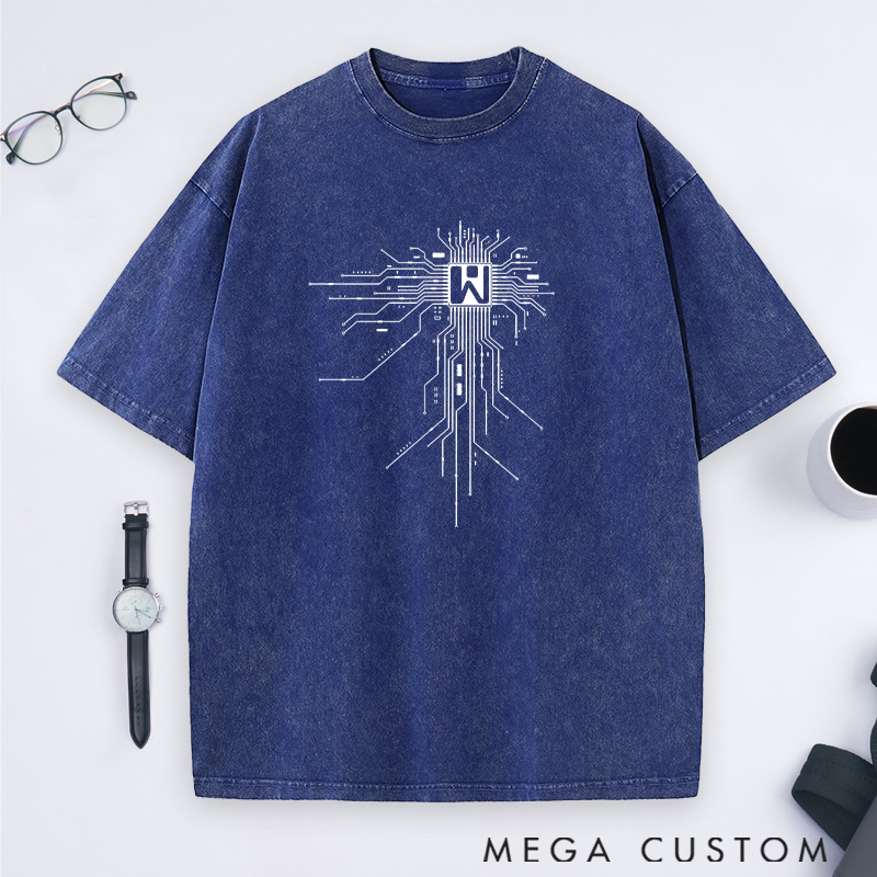 Personalized Digital Circuitry Washed T-Shirts The Heart of Technology Shirts Gift for Computer Geek Nerd 
