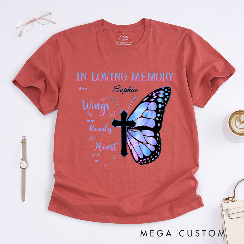 Personalized Custom Name Memorial T-Shirt Gradient Butterfly Cross In Loving Memory Wings Ready Heart Grieving Gift for Loved One