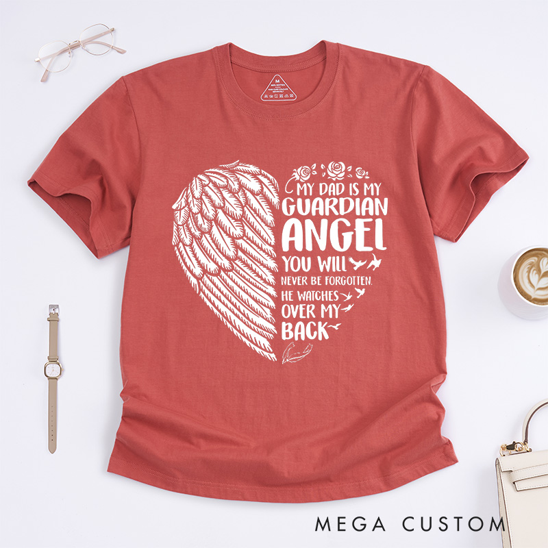 Personalized Dad Guardian Angel Memorial T-Shirt Wings Heart Rose Birds Custom Sympathy Gift for Daughter Son Loss of Father