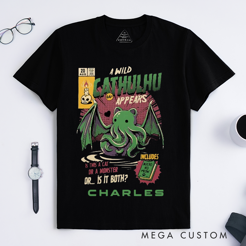 Personalized Cat Monster T-Shirt Classic Unisex Funny Catthulhu Graphic Tee Gift for Cat Lovers Custom Name Shirt Unique Cat Owner Present