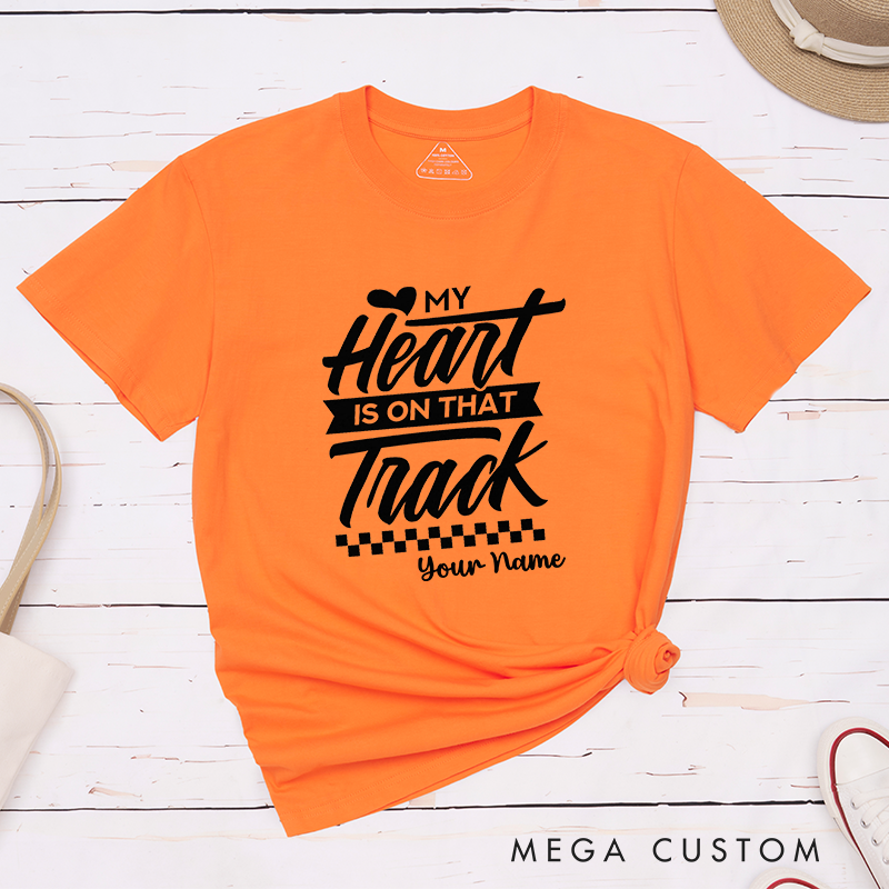 Personalized Racing T-Shirt with My Heart is on That Track for Outdoor Adventures Riding Cycling Biking Enthusiasts