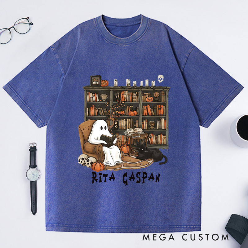 Personalized Ghost Book Reader Washed T-Shirts Reading Tee Book Lover Gift Reading Enthusiast Book Shirt Ghost Reader Tee Literature Lover