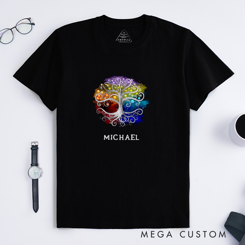 Personalized Tree of Life Classic T-Shirts Custom Name Spiritual Gift Unisex Rainbow Family Roots Shirt Unique Birthday Present