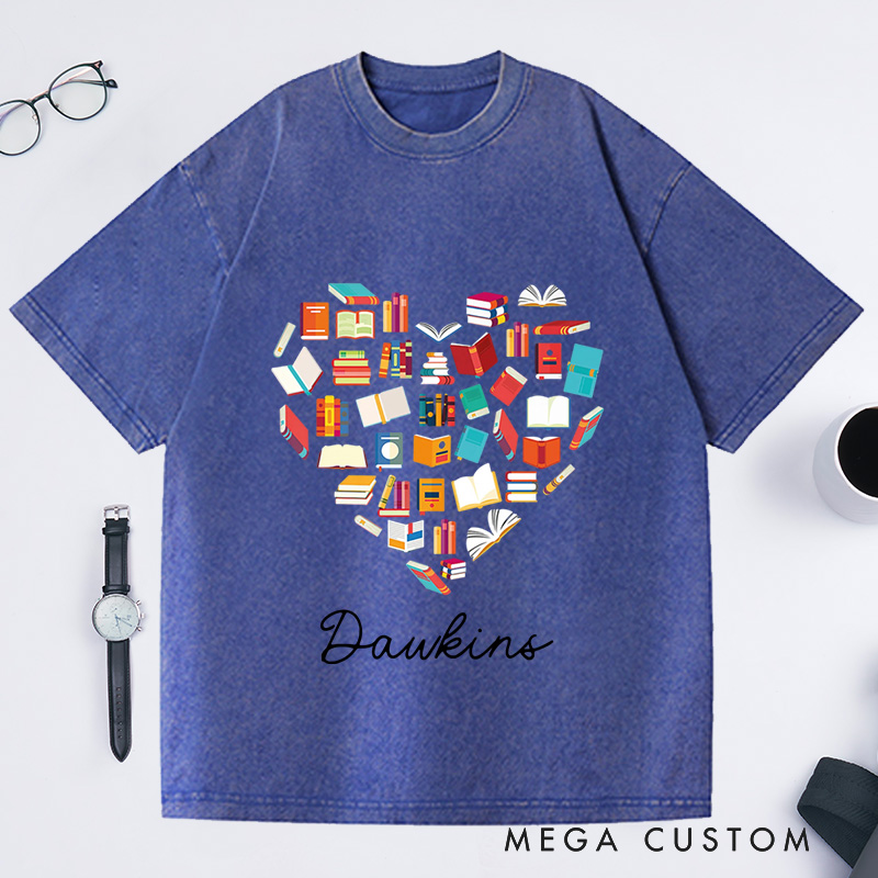 Personalized Book Love Washed T-Shirts Book Addict Clothing Book Heart Tee Reading Lover T-Shirt 