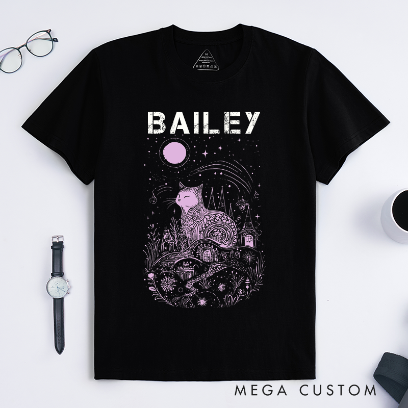 Personalized Cat Fantasy Art Classic T-Shirt Mystical Cat Lover Custom Gift for Women Men Unique Artistic Animal Shirt Personalized Name Tee