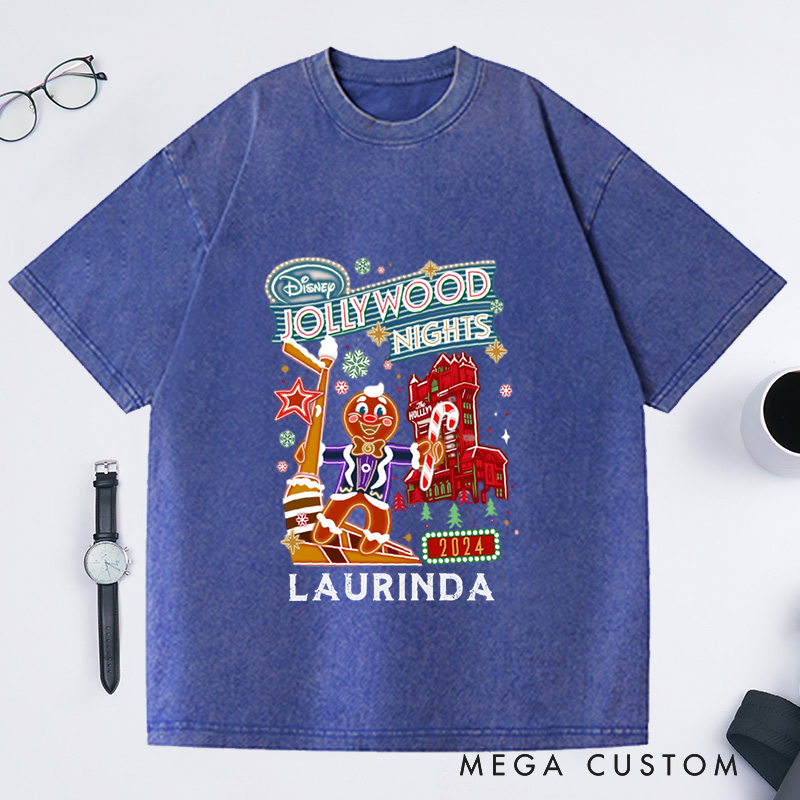 Personalized Jollywood Nights Washed T-Shirts Xmas Baking Party Shirt Christmas Family Trip Shirt