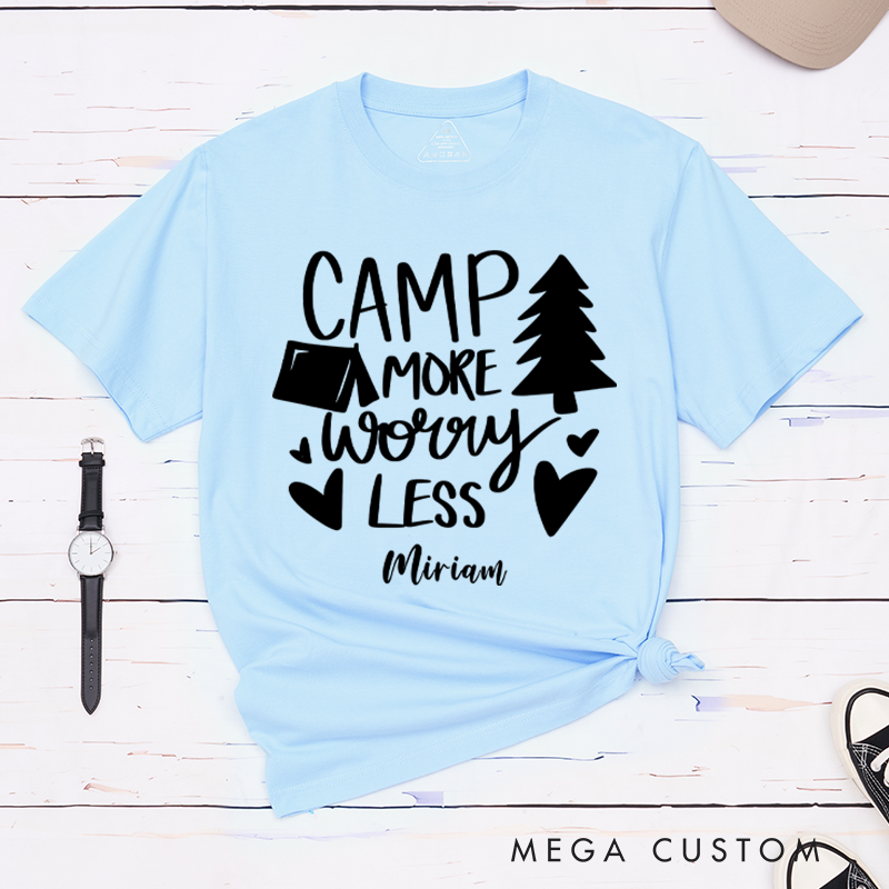 Personalized Camp More Worry Less T-Shirt Camping Outdoors Hiking Adventure Lover Gift