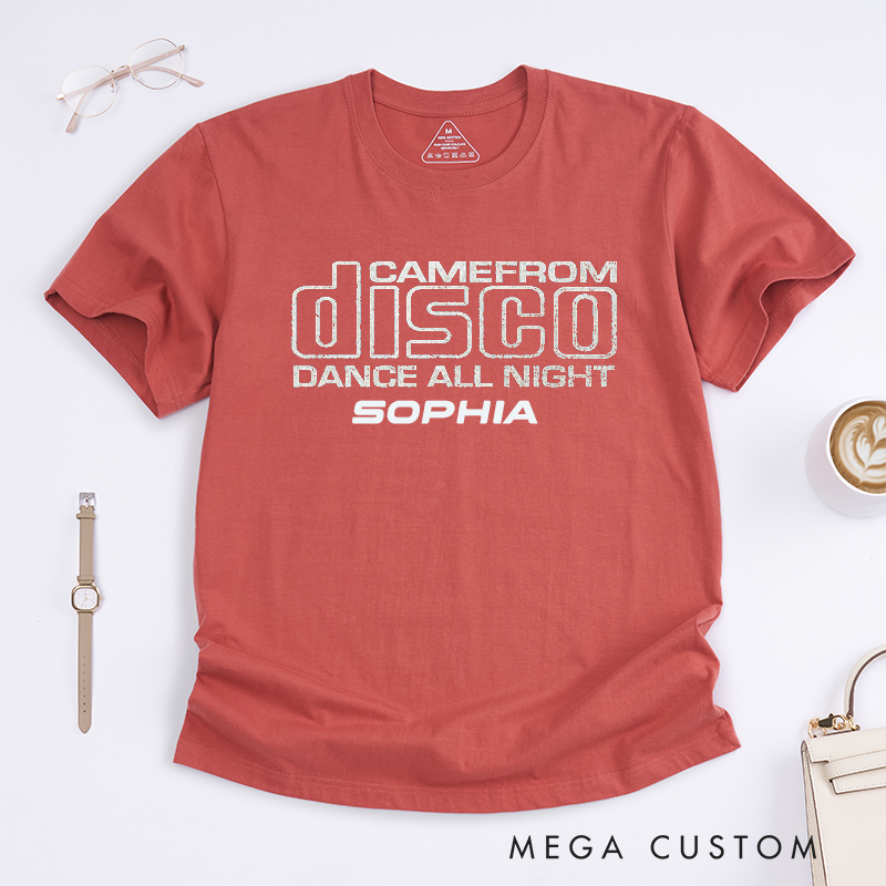 Personalized Disco Dance T-Shirt Custom Name Party Gift for Dance Lovers Retro Nightclub Style Unisex Shirt Unique Dance All Night Present