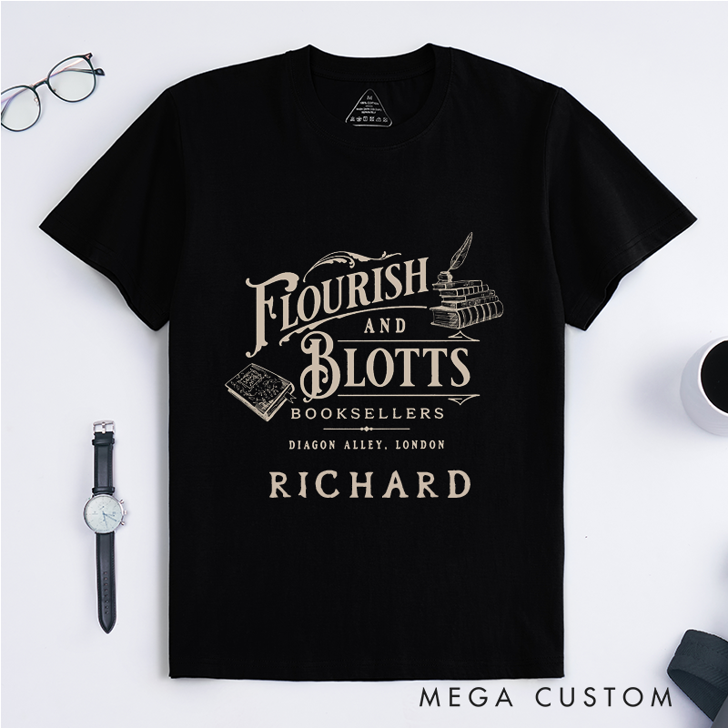 Personalized Bookstore Classic T-Shirt Custom Name Literary Gift for Readers Book Lovers Vintage Bookshop Design Unisex Birthday Present