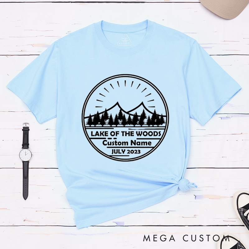 Personalized Lake of the Woods Nature-Inspired T Shirt with Custom Name Date for Outdoor Fishing Lover Great Gift for Dad Husband Grandpa Friends