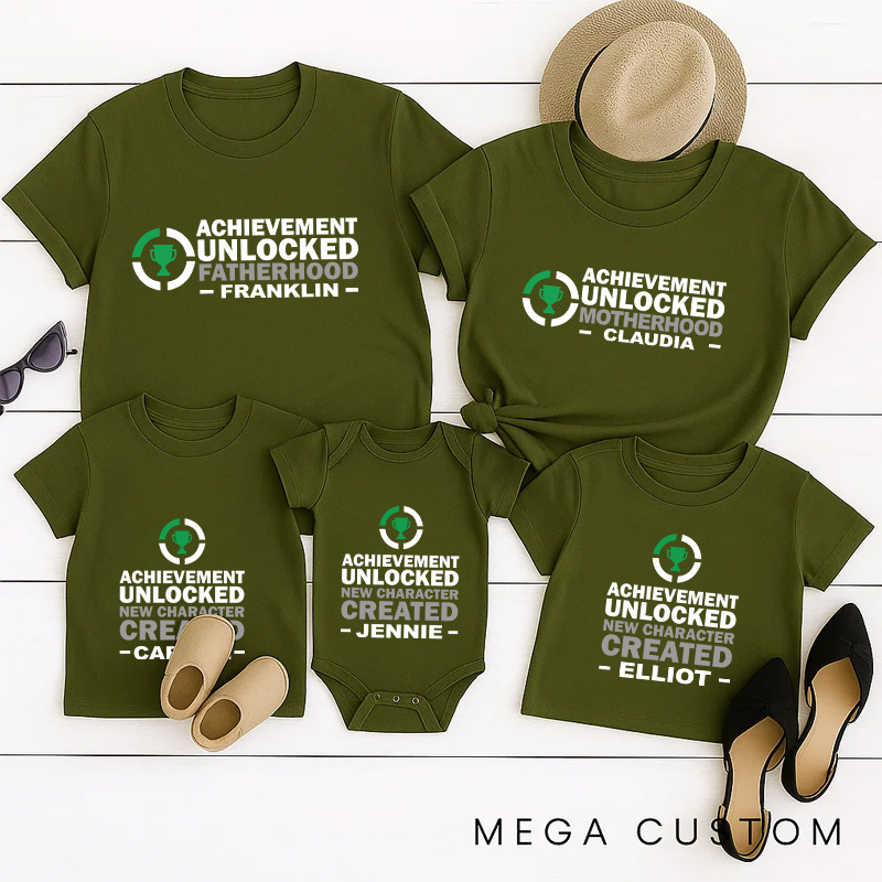 Personalized Achievement Unlocked Family Matching T-Shirts New Father Mother Shirts Funny Gamer Family Shirts Newborn Baby Gaming Shirt Father's Day