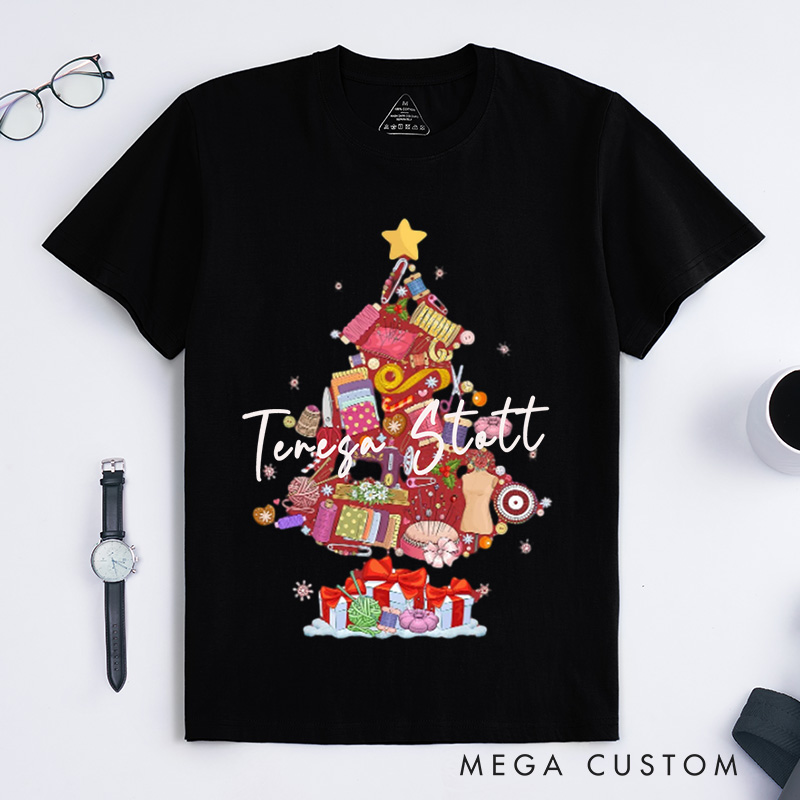 Personalized Sewing Machine Christmas Tree Classic T-Shirts Quilting Shirt Sewing Lover T-Shirt Christmas Tailor Gift Sewing Christmas Shirt