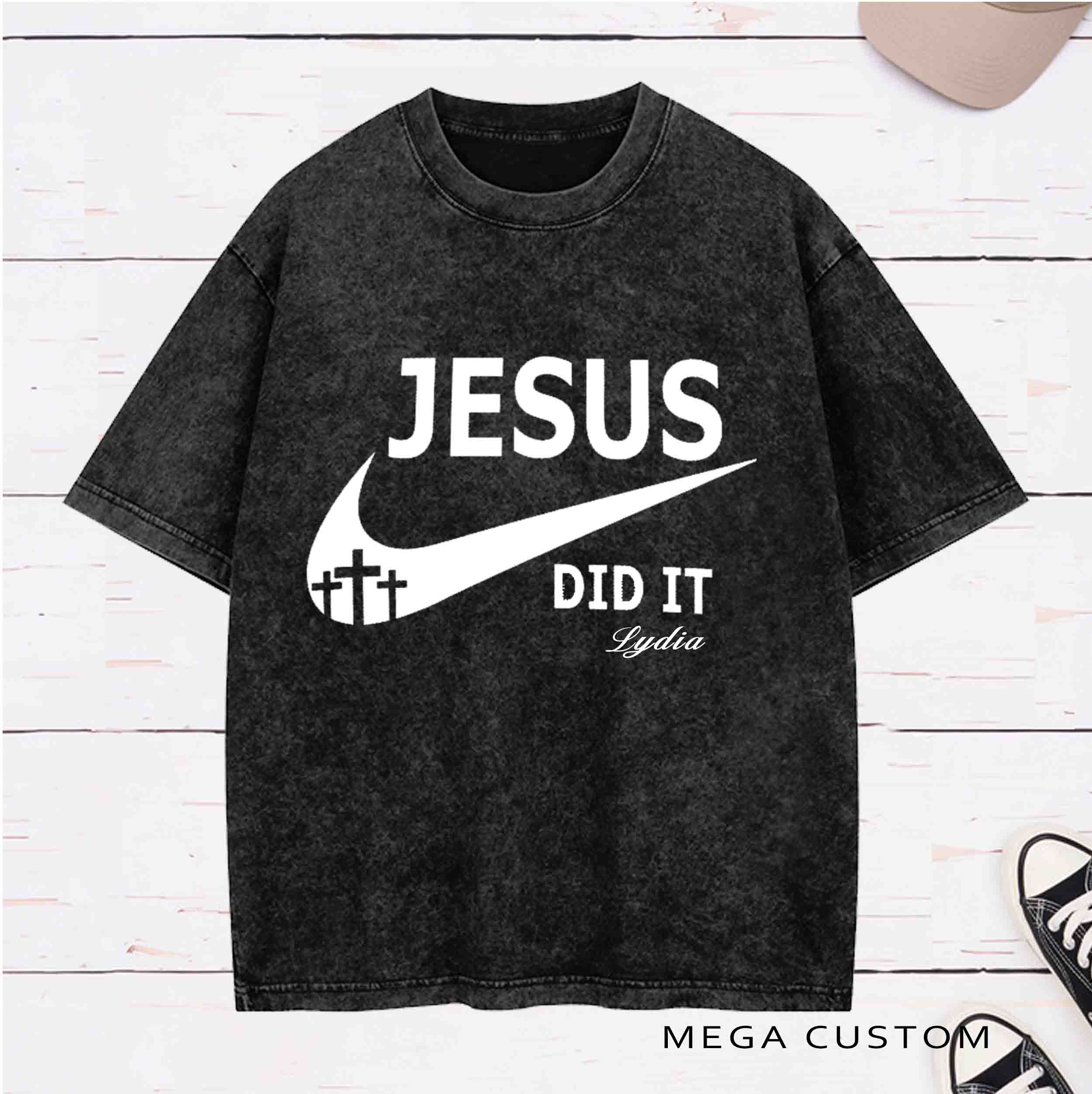 Personlized Character Bible Verse Jesus Did It and Christian Cross Printed Washed T-Shirt with Name Birthday Baptism Gift for Christian   