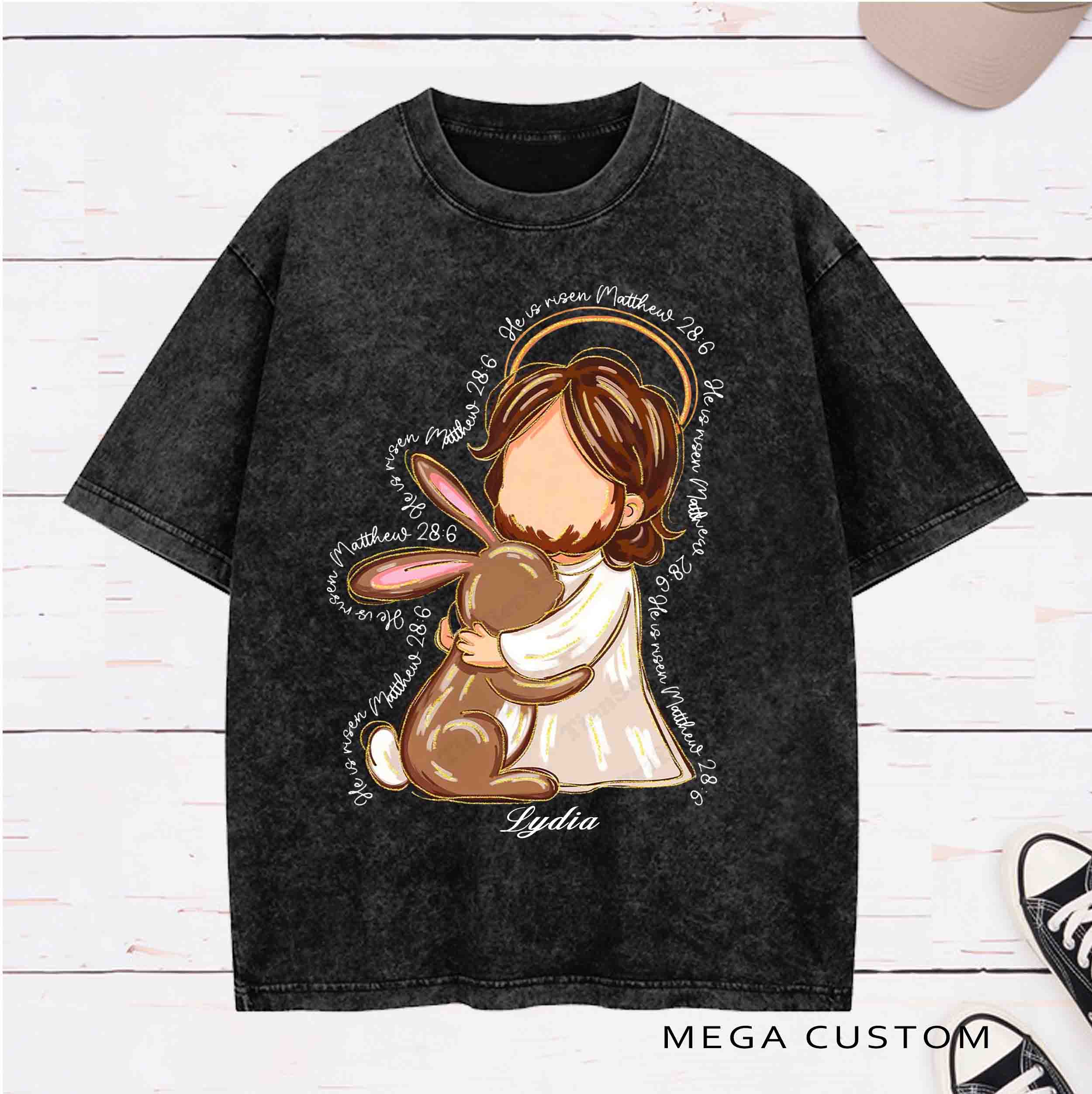 Personalized Character He Is Risen Washed T-Shirt with Name Birthday Easter Gift for Christian