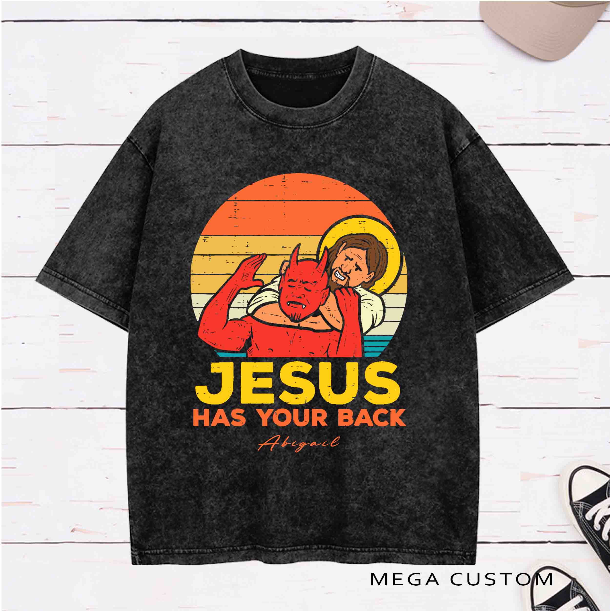 Personalized Character Jesus Has Your Back Washed T-Shirt with Name Birthday Easter Gift for Christian