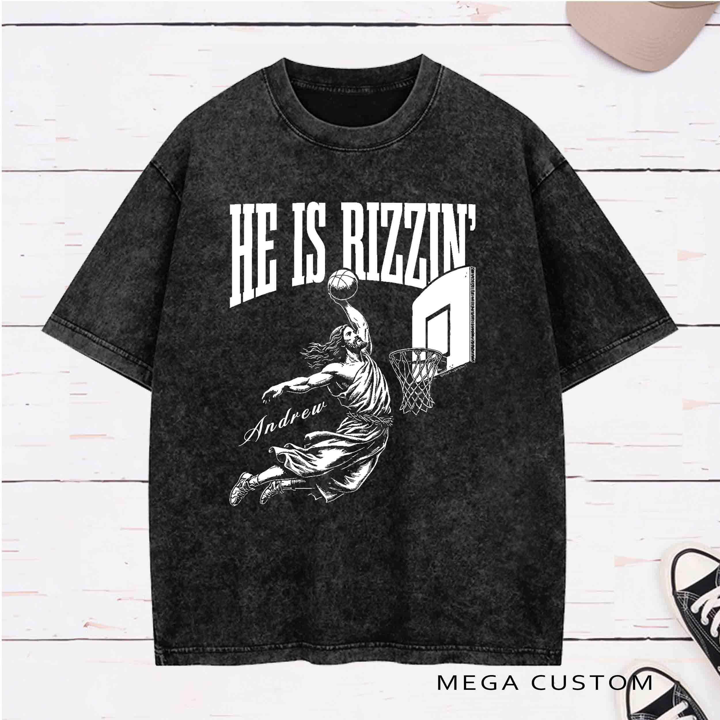 Personalized Character He Is Rizzin Washed T-Shirt with Name Birthday Easter Gift for Christian