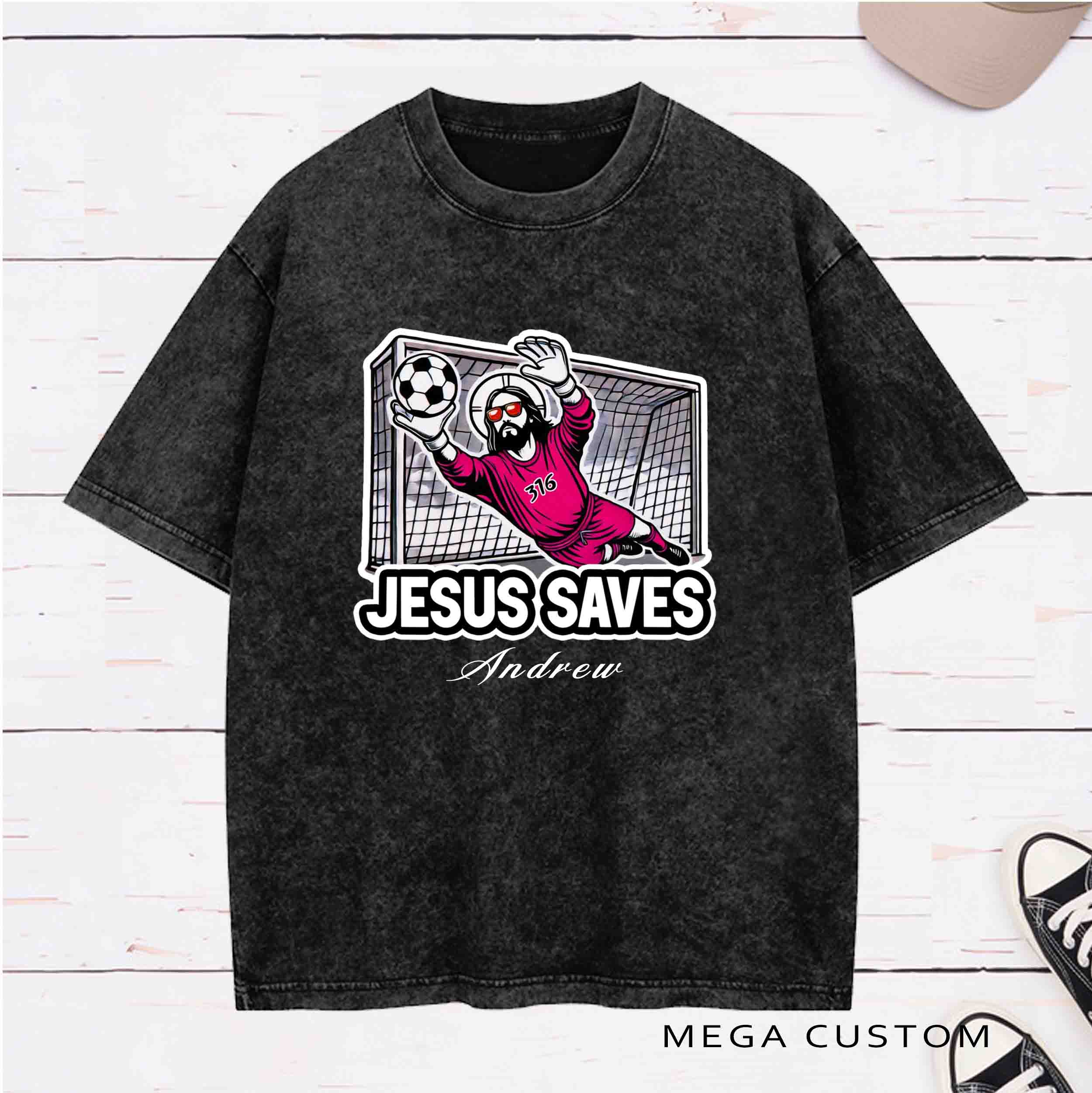 Personalized Character Jesus Saves Washed T-Shirt with Name Birthday Easter Gift for Christian