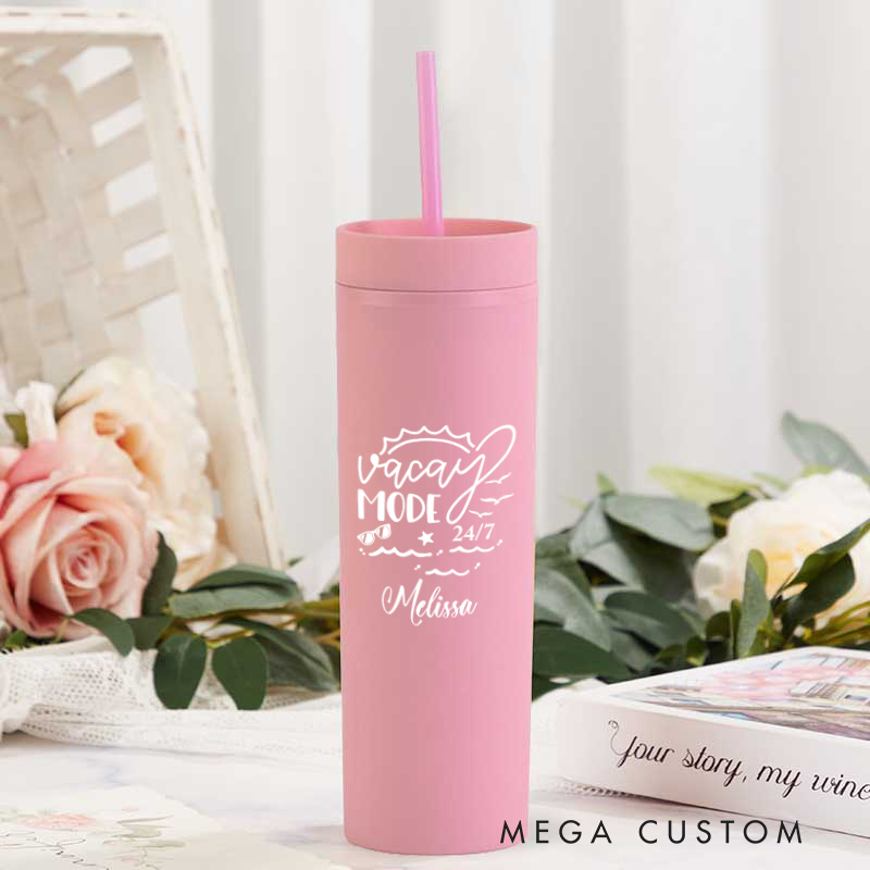 Personalized Vacay Mode Skinny Tumbler Cups for Traveling Lovers Vacation Gift for Travel Lovers