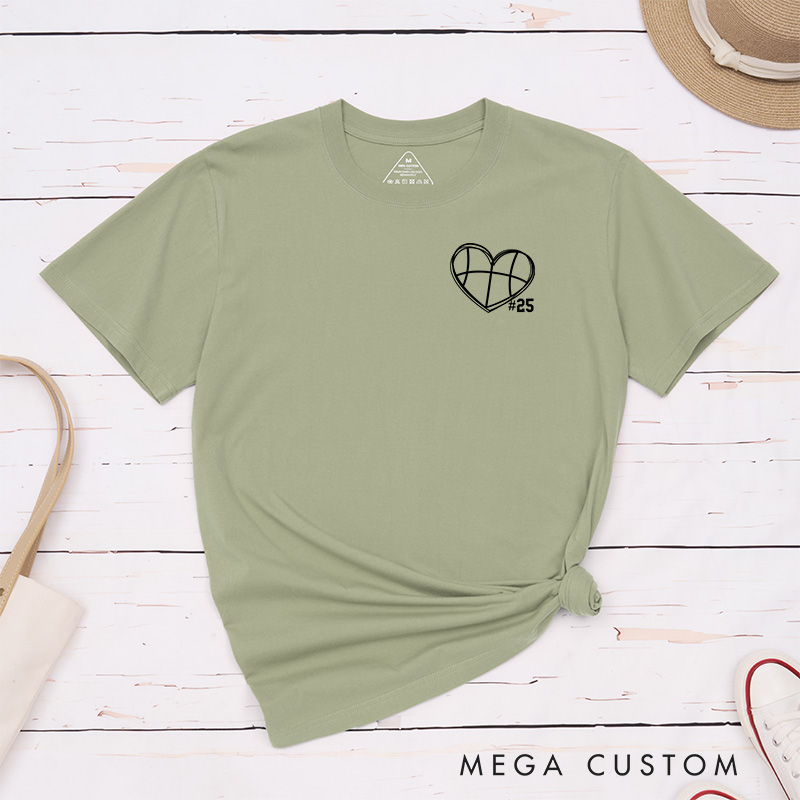 Personalized Basketball Heart T-Shirt with Custom Jersey Number Design