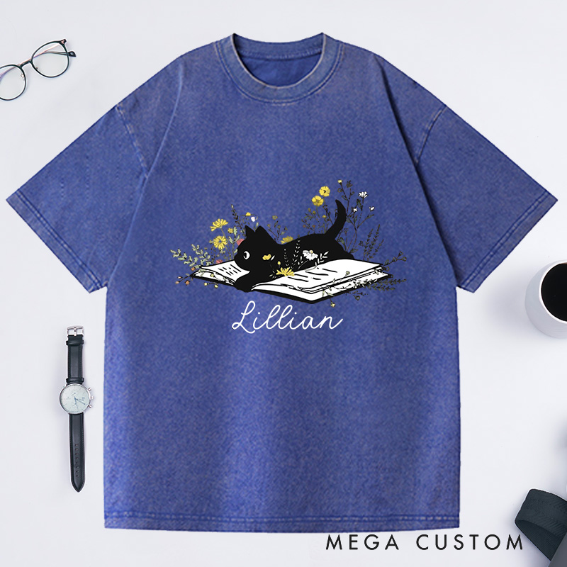 Personalized Cat Flowers Lover Washed T-Shirts Cute Book Cat Shirt Floral Book Shirt Book Lover Shirt