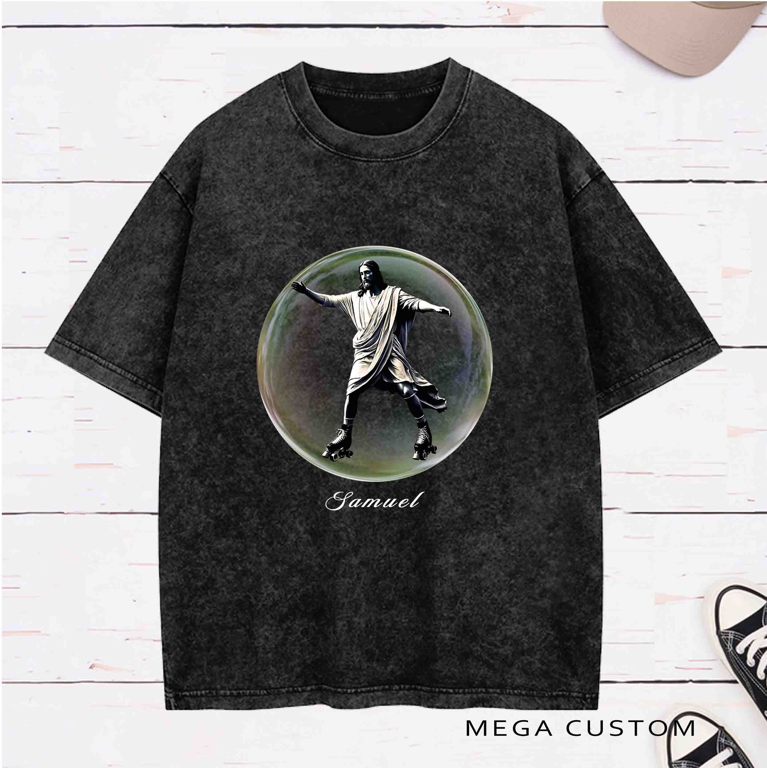 Personalized Character Jesus learning to rollerskate Washed T-Shirt with Name Birthday Easter Gift for Christian