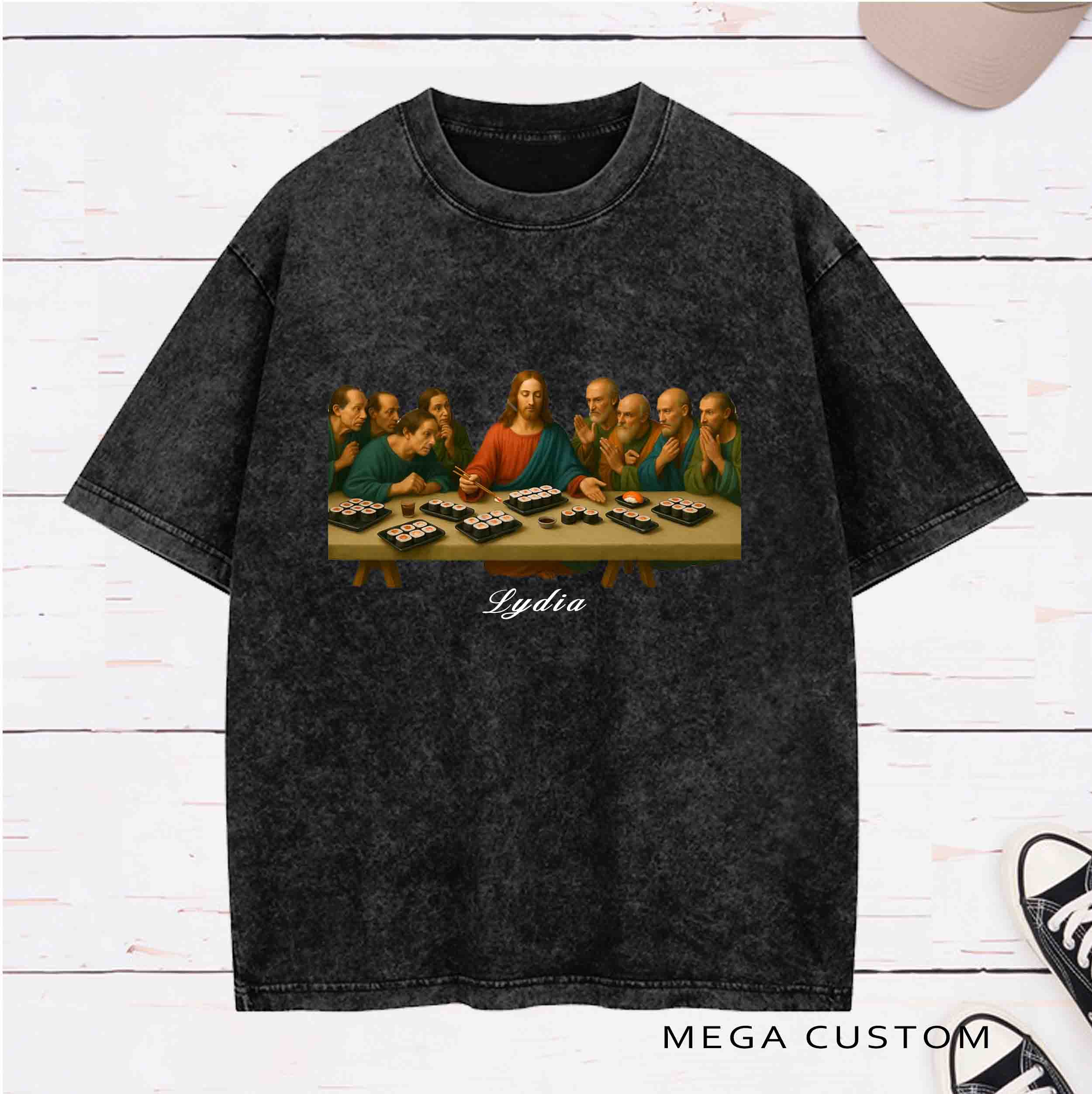 Personalized Character The Last Sushi Supper Washed T-Shirt with Name Birthday Easter Gift for Christian