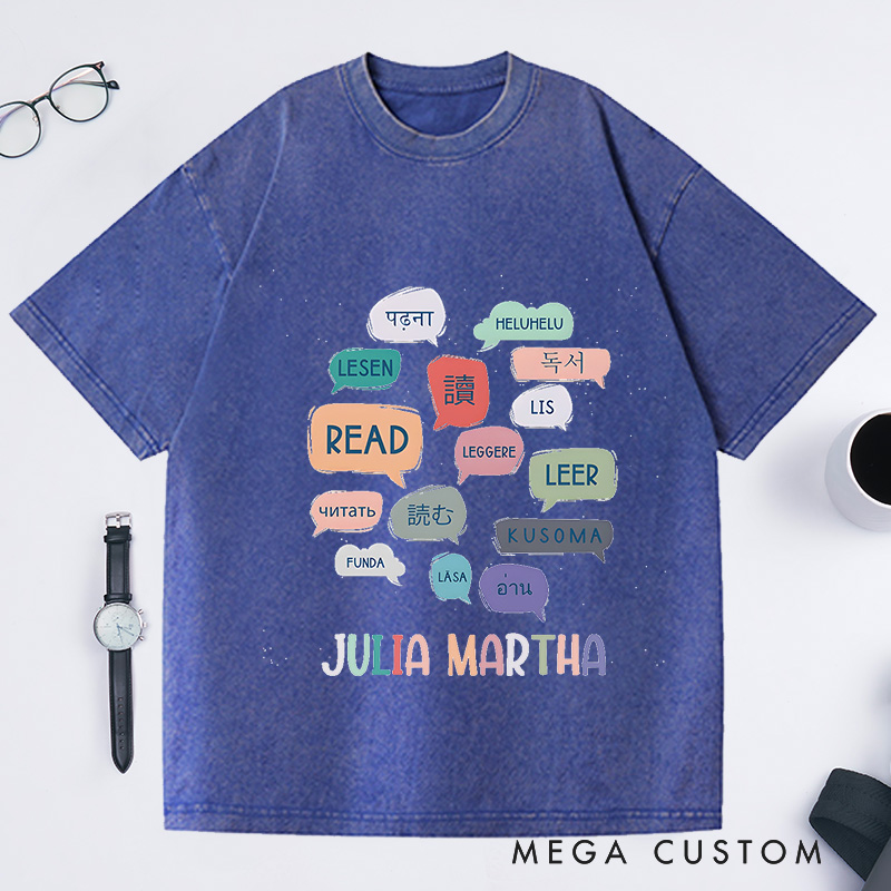 Personalized Reading World Languages Washed T-Shirts Library Professional Tee Book Lover Gift Reading Fans Shirt