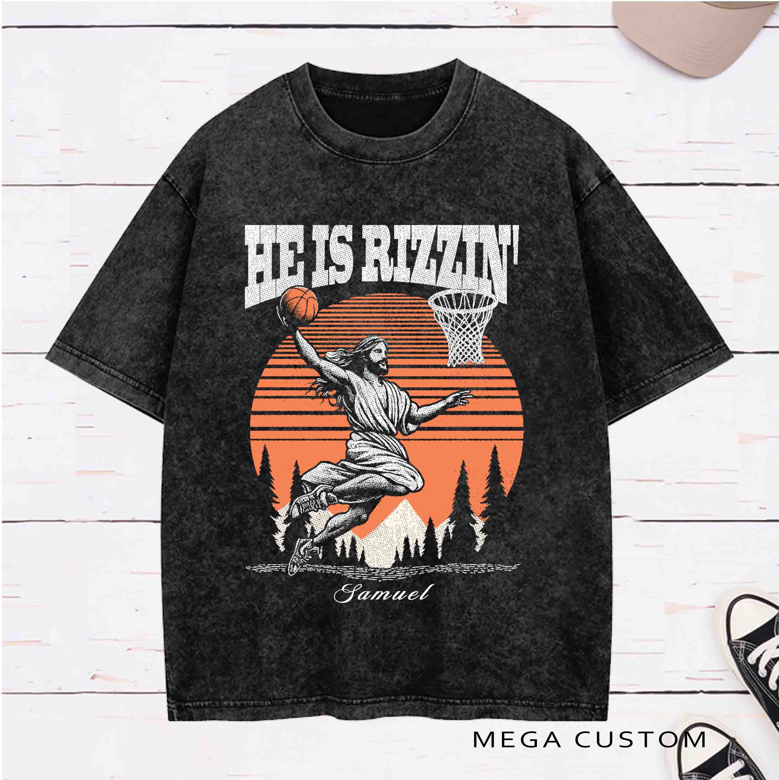 Personalized Character He Is Rizzen Jesus basketball Washed T-Shirt  with Name Birthday Easter Gift for Christian 