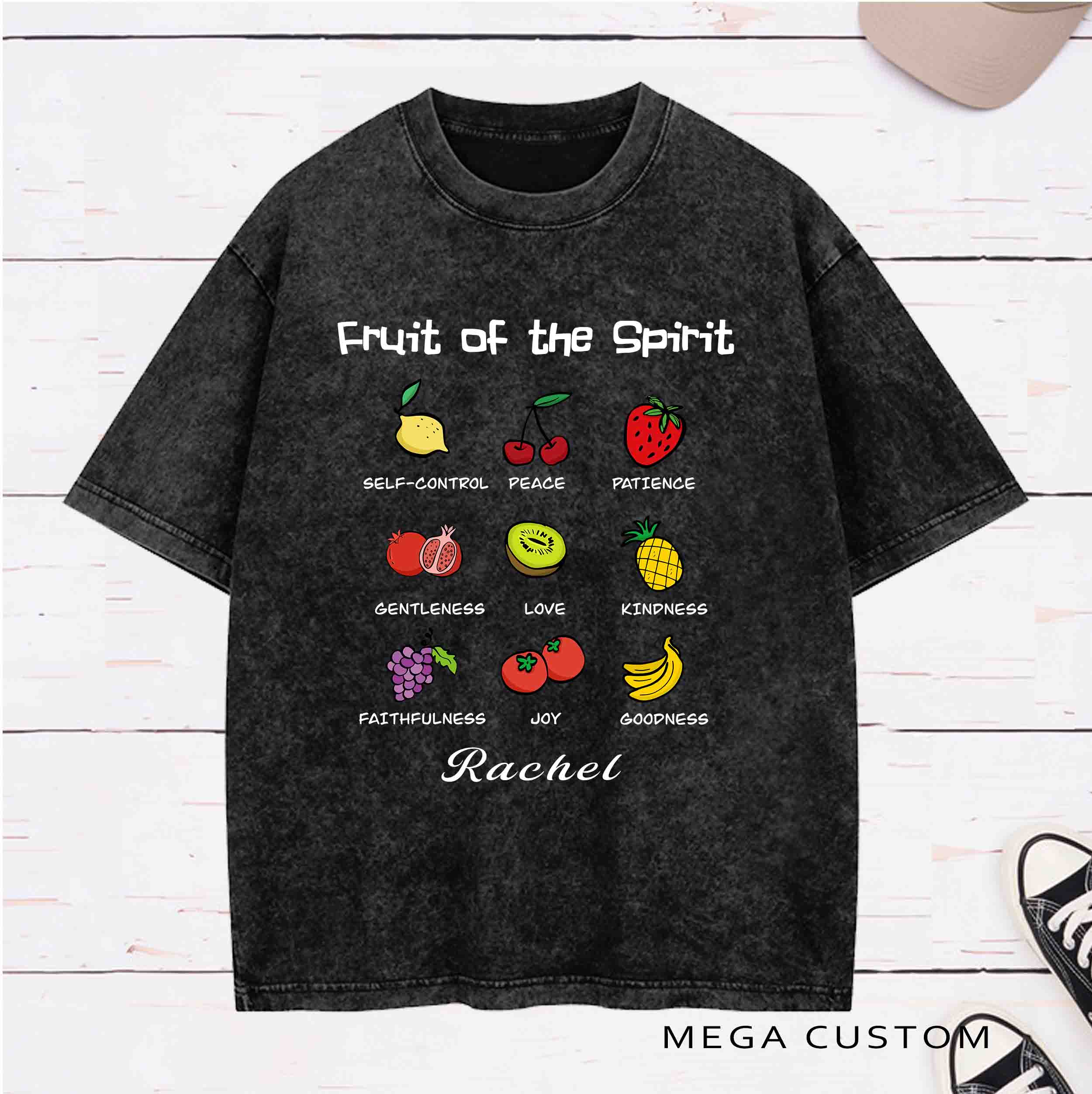 Personalized Character Fruit of the Spirit Washed T-Shirt with Name Birthday Easter Gift for Christian