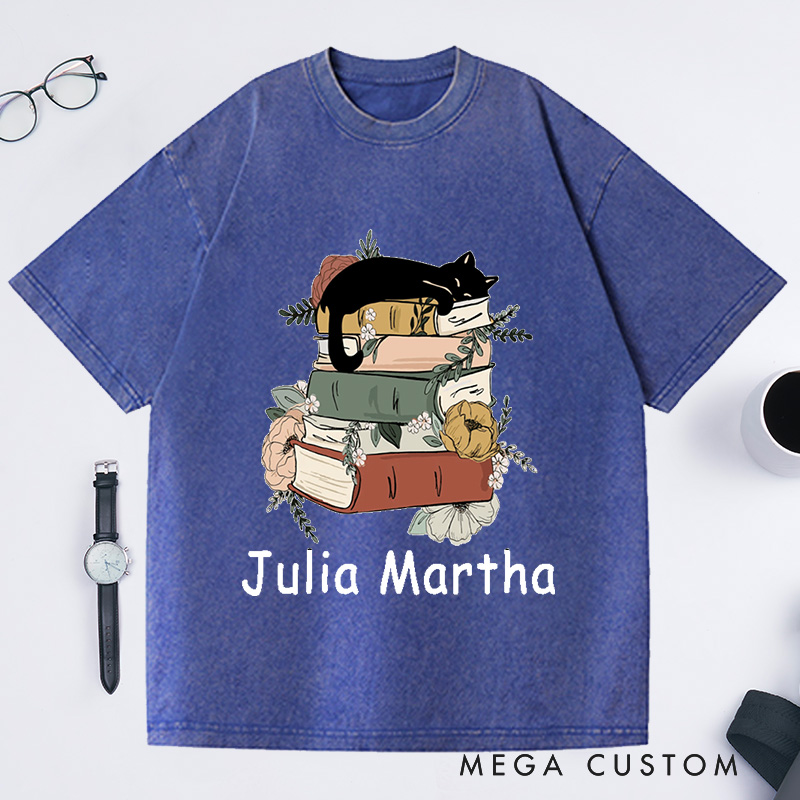 Personalized Books and Cats Washed T-Shirts Reading Shirt Cat Lover T-Shirt